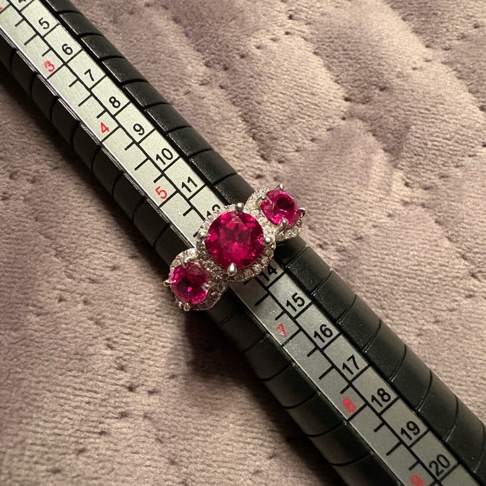 Diamonique Fuchsia Three-Stone Halo Ring with Clear Accents